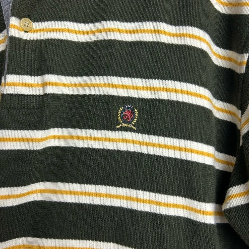 VTG Tommy Hilfiger Green Striped‎ Polo Shirt Mens Sz L Logo Thermal Equestrian